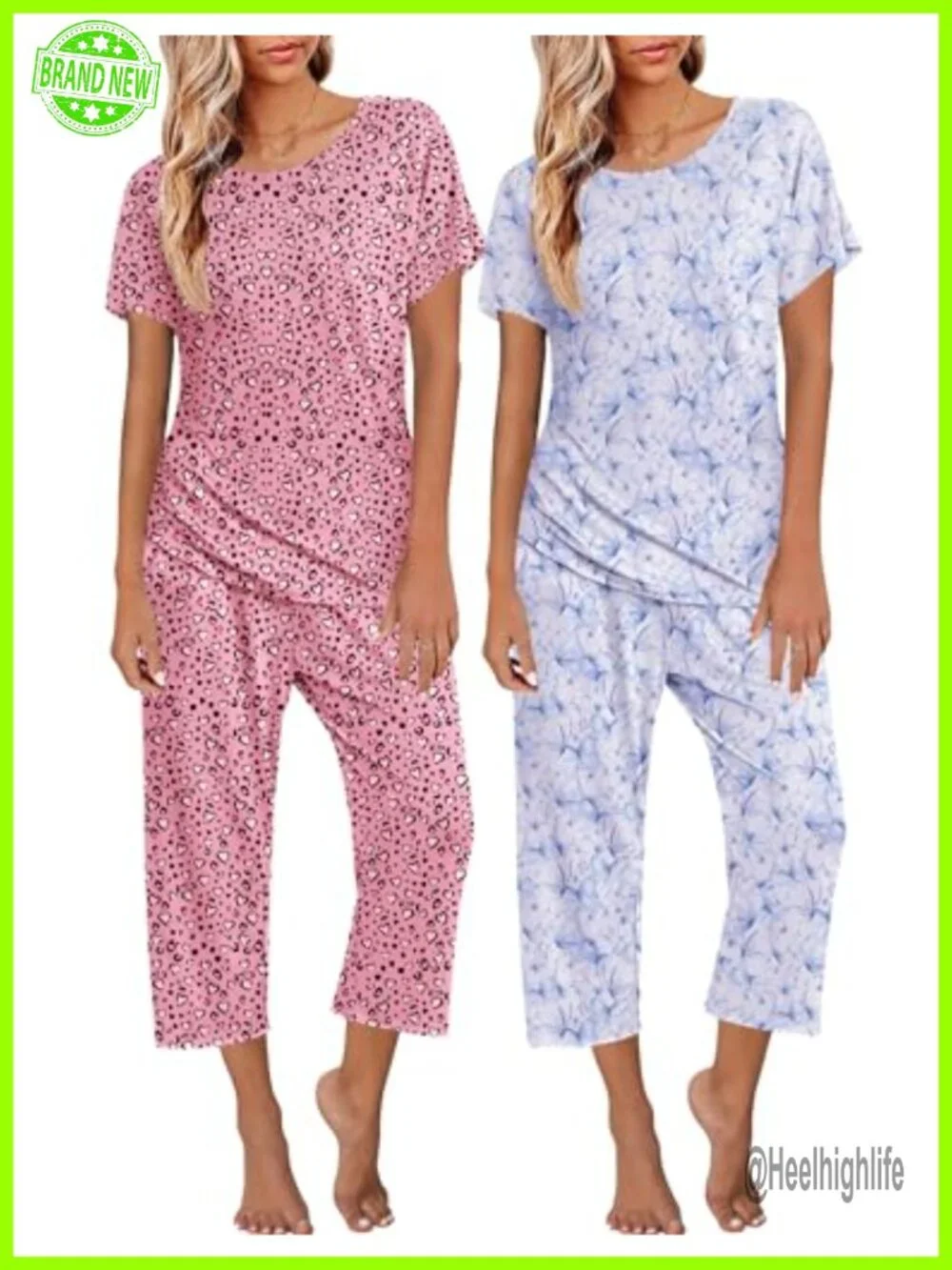 2 Pack Womens Pajamas Sets Short Sleeve Top and Capri Pants Pjs Sleepwear